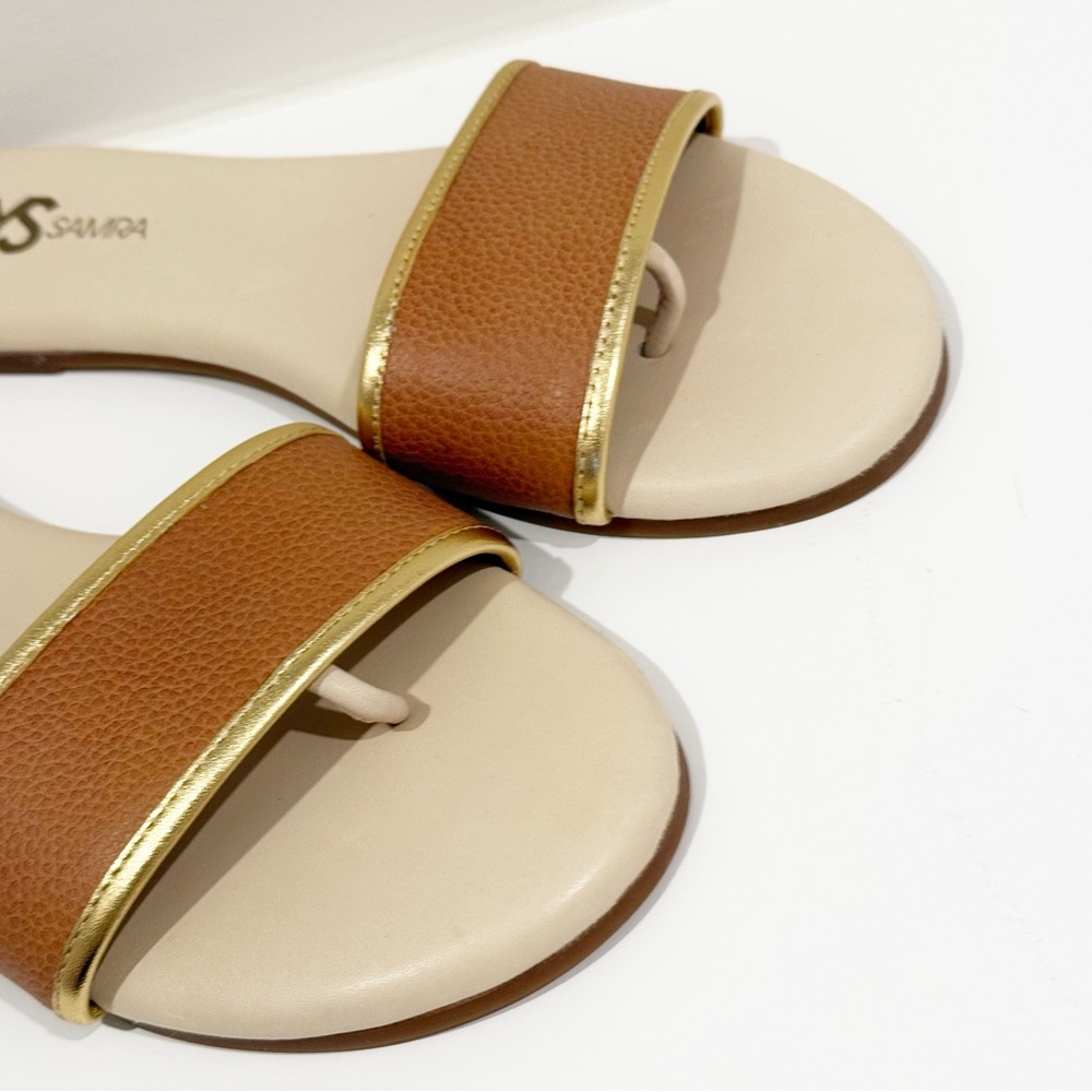 Yosi Samra Tan and Gold Leather Slide Sandals - Picture 4 of 5